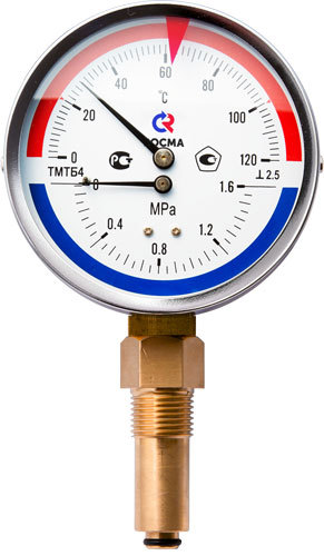 Термоманометр ТМТБ-41Р.3(0-120С)(0-1МРа) G1/2 (снизу), кл. 2,5 длина 100 мм