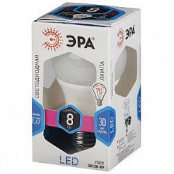 Лампа светодиодная ЭРА LED smd A60-8w-827-E27 (мягкий белый свет), 640 люм/2700Кельвин, габарит 109мм*60мм
